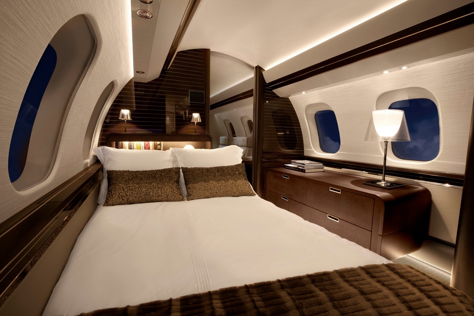 Bombardier Global 7500 master suite at night